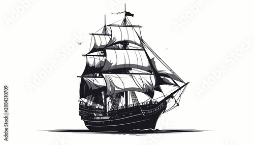 Vintage Sailing Ship Illustration Closeup.