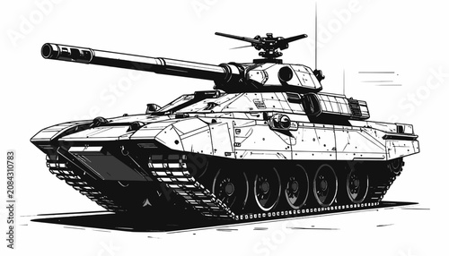 Military Tank with Large Gun Turret.