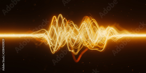 Golden oscillating light trail in abstract 3D quantum data visualization with magic particles.