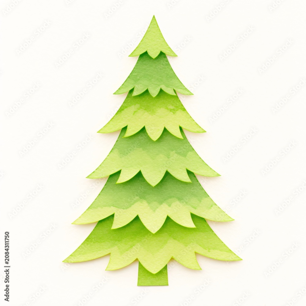 Fototapeta premium Paper cut Christmas tree isolated on white background. Minimalist pine element for festive graphic design. Decorative winter icon for holiday greeting card, decoration and craft project.