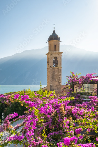 Photography Church Bell Tower and Bougainvillea Flowers, Limone sul Garda, Italy
