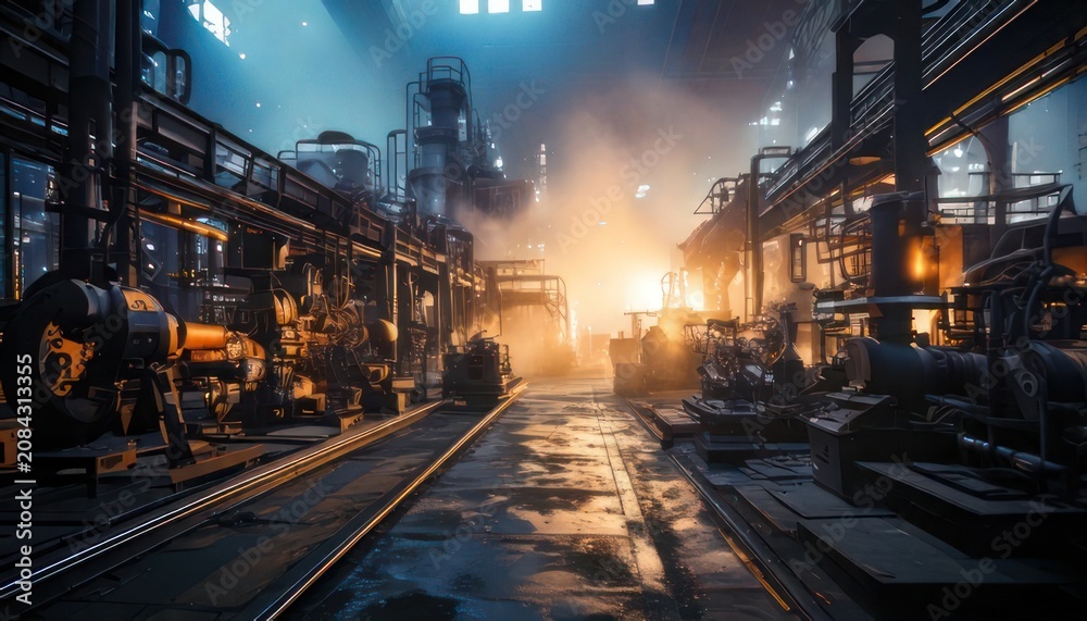 Obraz premium Industrial Factory Interior with Molten Metal and Machinery.