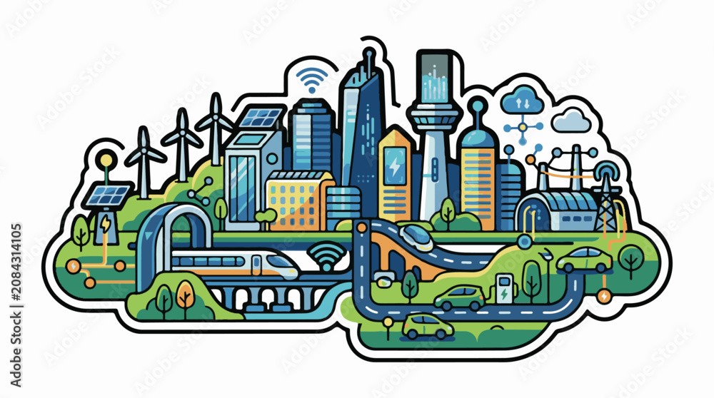 Fototapeta premium Futuristic eco-city with renewable energy smart transport and advanced infrastructure