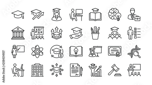 Comprehensive line icon collection representing education university science and professional development concepts for web design and infographic needs