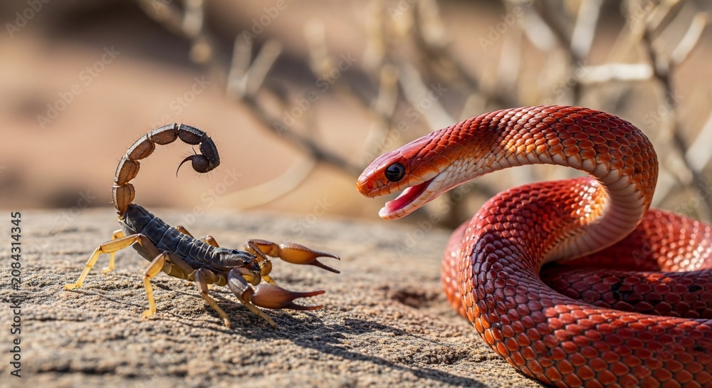 Obraz premium Scorpion and snake confrontation on rocky ground