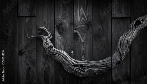 gnarled weathered driftwood branch with textured bark laid across dark aged wooden planks, moody atmospheric lighting, rustic natural backdrop