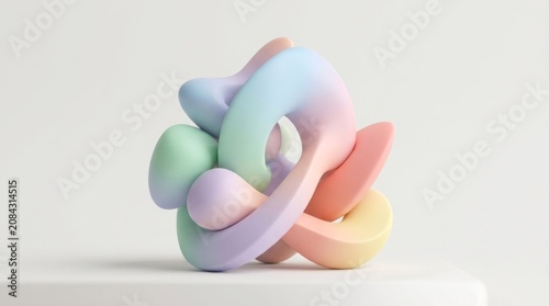 A colorful, abstract, geometric sculpture made of pastel colors on a white background.