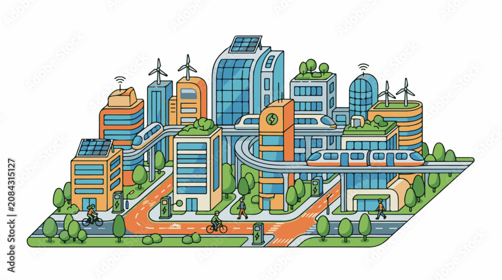 Fototapeta premium Futuristic eco-city with solar panels wind turbines and monorail (1)