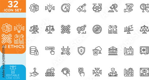 Quadro su tela AI Ethics line editable Vector illustration icon set