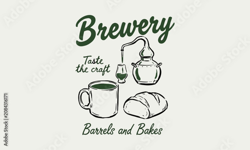 Konstfotografi Vintage brewery illustration with beer mug, loaf of bread, and artisanal copper