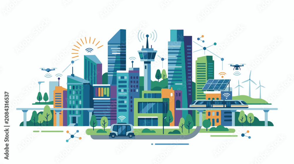 Obraz premium Futuristic cityscape with drones autonomous vehicles and high-speed transport