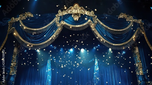 Elegant theatre stage with velvet curtains and gold accents