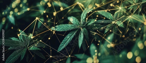 Cannabis leaves and network connection abstract