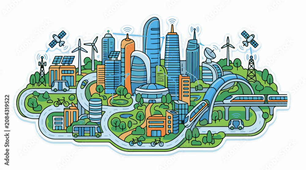Fototapeta premium Futuristic city with sustainable transport green spaces and connected technology