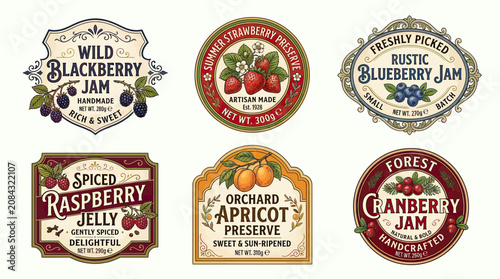 Photography Vintage Jam Jar Labels: Blackberry, Strawberry, Blueberry, Raspberry, Apricot, C