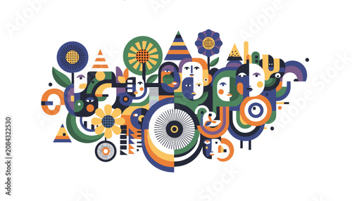 Colorful abstract geometric collage featuring stylized human faces, flowers, and patterns in a modern artistic style.