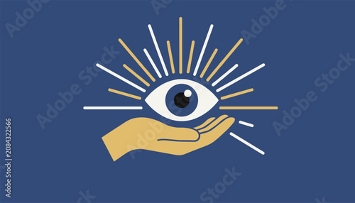 Mystic symbol of an eye with radiating light rays held by a hand, representing vision, protection, and spirituality, vector art.