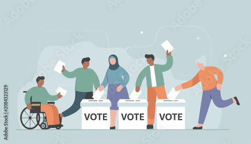 Diverse group of citizens proudly casting their ballots into vote boxes during a democratic election process.
