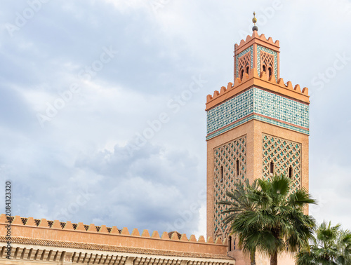 Historic Medieval Moorish Mosque Minaret in Marrakech, Morocco