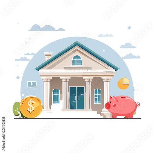 Bank Building with Piggy Bank and Coin