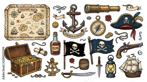Foto Pirate Treasure Map, Chest, Ship, Flags, and Gear - Vintage Illustration