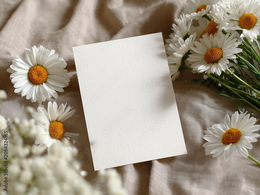 Obraz premium Blank wedding invitation card mockup with white daisies on beige linen fabric