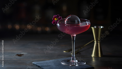 Elegant craft dark red berry cocktail in a chilled coupe glass garnished with a large clear ice sphere and edible purple flower on a bar