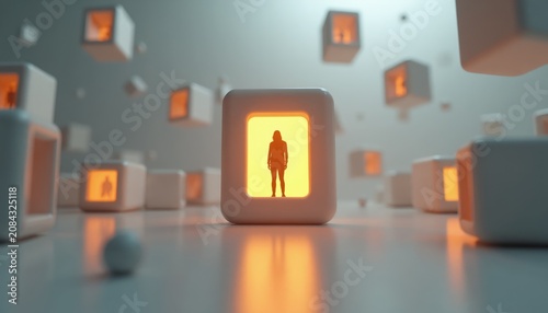 Silhouetted person stands within illuminated cube structure. Other similar floating cubes glow orange around figure. Abstract sci fi background represents data or virtual reality.