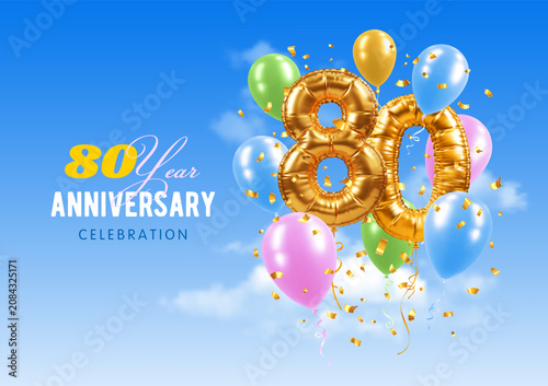 80th Anniversary. Eighty year birthday celebration. Number 80 in the form of 3D realistic golden balloons. Blue sky background. Greeting template for jubilee, gala event. Vector illustration