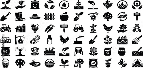 фотографія Organic Agriculture and Farm Harvest Mega Icon Set with Tractor Barn Greenhouse