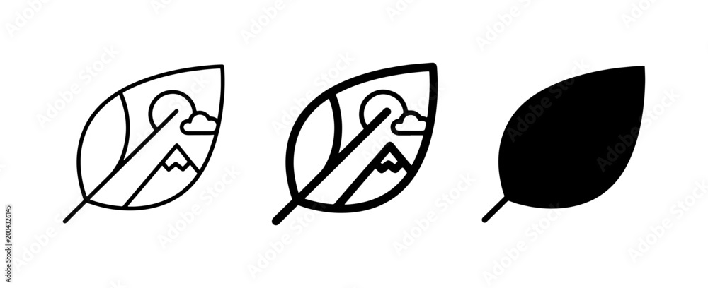 Fototapeta premium Nature Leaf Icons, Mountain Landscape Scene, Sun and Clouds, Simple Outline and Solid Fill Vector Graphics