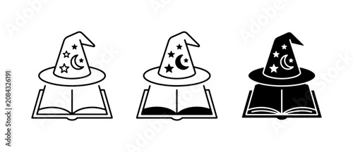Fotografie Magic Hat and Open Book Icons, Fantasy Knowledge and Wizardry Symbols, Vector Se