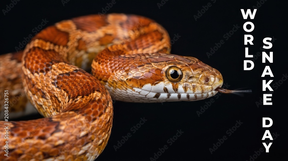 Obraz premium World Snake Day macro banner with side profile close up of orange corn snake head over black background