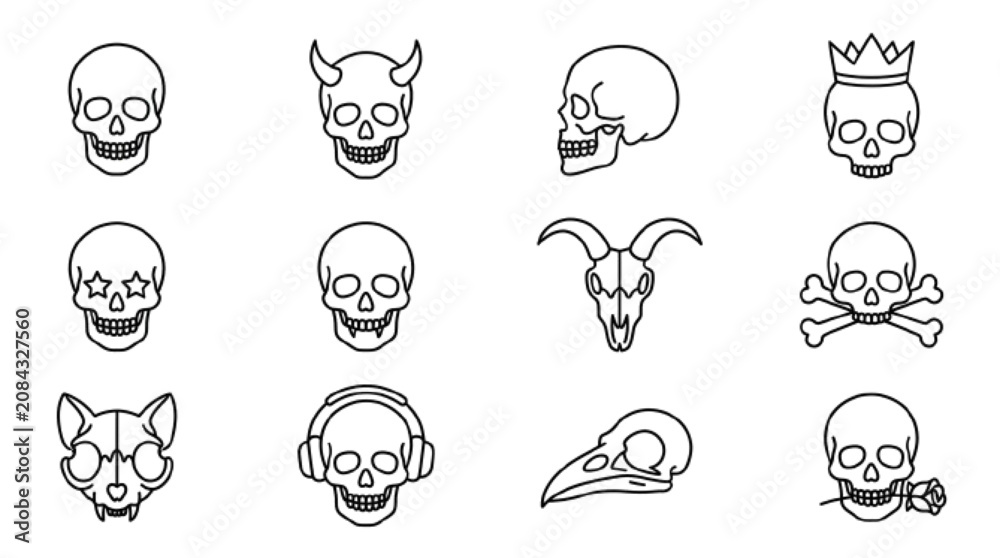 Obraz premium Skull vector icon 12 set , clean minimal outline, white background.
