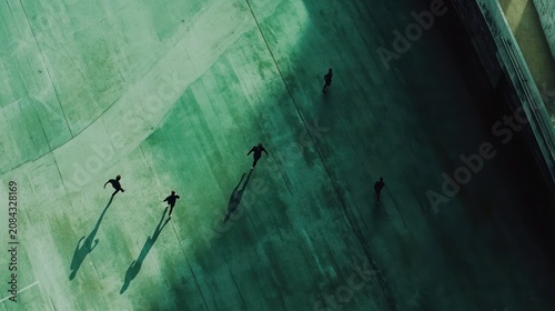 People running on a green surface aerial view