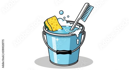 Bild auf Leinwand Blue bucket filled with soapy water, featuring a yellow sponge and a white scrub brush, ready for cleaning tasks
