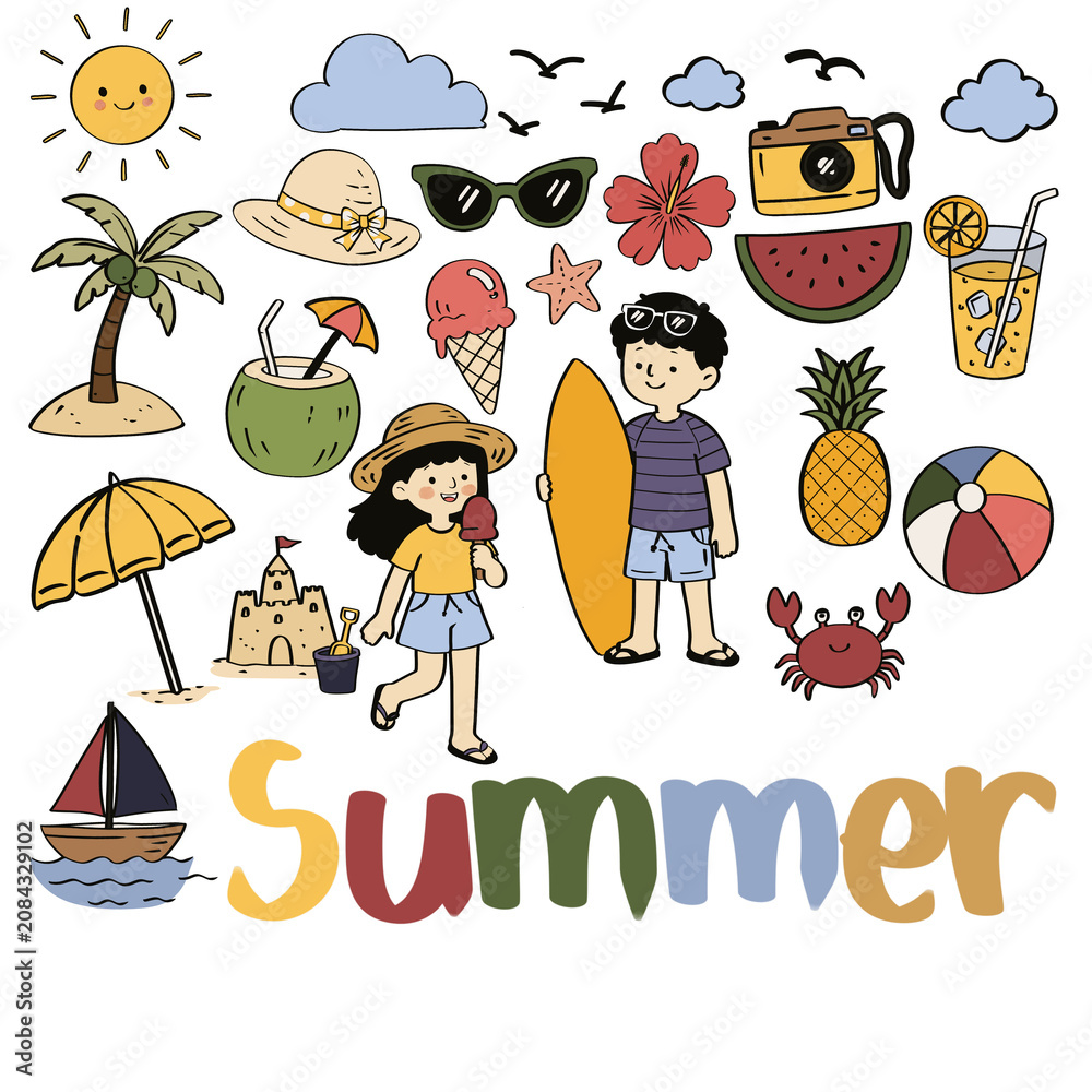 Fototapeta premium Summer Vacation Clipart Collection with Beach Objects, Tropical Elements and Kids Isolated PNG Transparent Background 