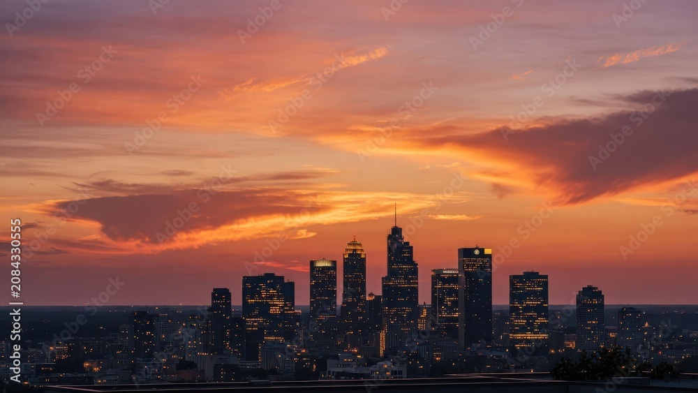 Fototapeta premium A panoramic aerial view captures the impressive atlanta skyline during a vibrant sunset where glowing orange clouds illuminate the tall skyscrapers and busy urban streets beneath the horizon line