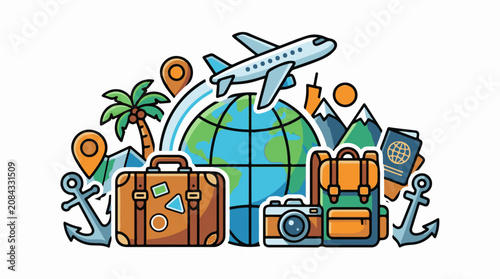 Global travel montage with airplane luggage and scenic elements (1)