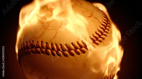 void. A burning baseball floating in darkness, showcasing intense flames and dramatic contrast. event key visuals, club posters, designed for fitness apps and gym onboarding, boosts motivation.