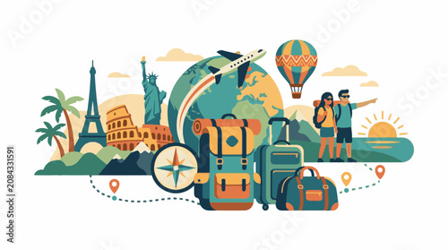 Global travel adventure with iconic landmarks and diverse transport modes