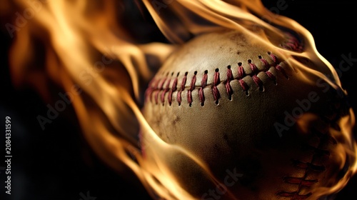 void. A burning baseball floating in darkness, showcasing intense flames and dramatic contrast. event key visuals, club posters, designed for fitness apps and gym onboarding, boosts motivation.