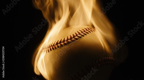 void. A burning baseball floating in darkness, showcasing intense flames and dramatic contrast. event key visuals, club posters, designed for fitness apps and gym onboarding, boosts motivation.