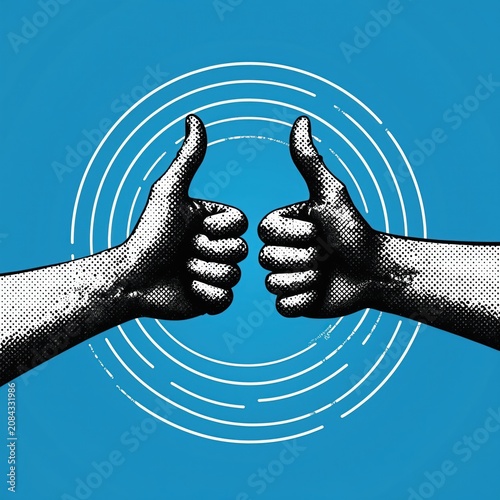 Two thumbs up in halftone style against blue background. Symbolizes agreement approval or confirmation. Minimalist graphic design element for positive feedback.