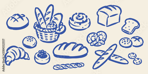 Bild auf Leinwand Bakery Bread Basket Doodle Set Hand Drawn Vector Illustration