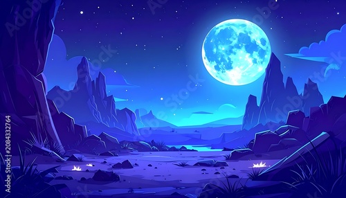 Pixel art night landscape with large glowing blue moon over a rocky valley, glowing plants, and starry sky, retro game style