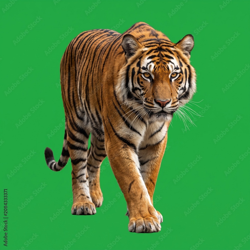 Obraz premium Majestic tiger walking on green background.