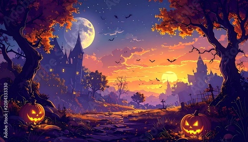 pixel art halloween landscape with glowing pumpkins, castle silhouette, full moon and dramatic sunset sky, spooky forest path, autumn season, digital painting