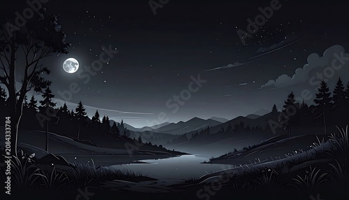 pixel art night landscape with a full moon over a calm lake surrounded by rolling hills and pine trees, evoking tranquility