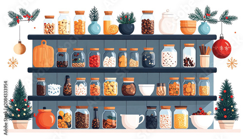 Variety of food in jars on shelf.